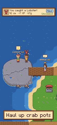 Friends on the rocks, cheering a crab pot catch