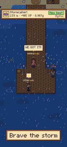 Landing a big catch on the pier in a storm